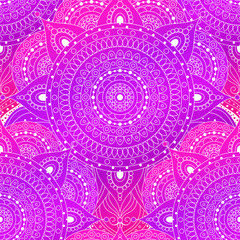 Seamless pattern, lace vector background with gradient pink and violet mandala. Ethnic boho design, Indian, Asian, Arabic motif, arabesque.