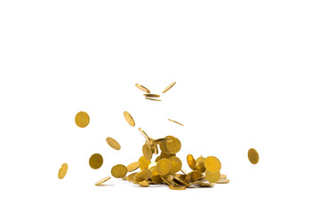 Falling gold coins money isolated on the white background, business concept.
