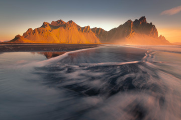 View to the Vestrahorn mountain from the Stokksnes beach, Iceland.	