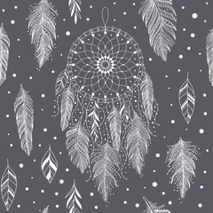 Papier Peint photo Attrapeur de rêves Des attrape-rêves et des plumes dessinés à la main gris et blancs, et des feuilles, un motif harmonieux de style ethnique boho, fond vectoriel, peuvent être utilisés pour le tissu, le papier peint