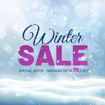 Winter sale design with snow landscape. Special offer discount up to 75 % off. Christmas sale event. Retail banner with snowdrift and pine tree. Advertising layout for promotion and marketing campaign