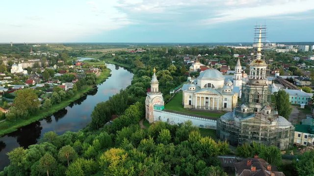 Panorama of the Borisoglebsky Monastery in town Torzhok, view from above. Tver region. Russia