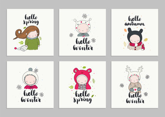 Set of invitations cards, posters, with children in cute beanies and hand drawn lettering - hello spring and winter, and autumn. Leaves and snowflakes. Vector illustrations.