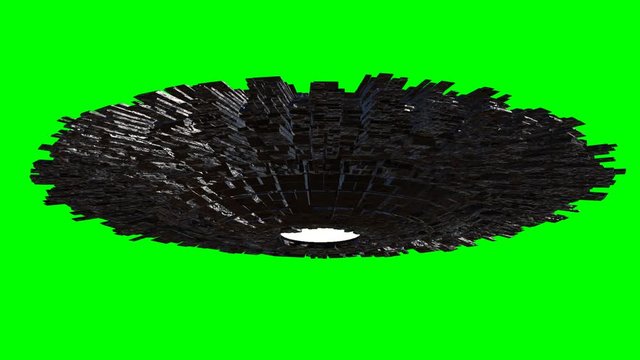 UFO, rotating flying saucer with extraterrestrial visitors,  high detail alien spaceship isolated on green screen background, 4k loop