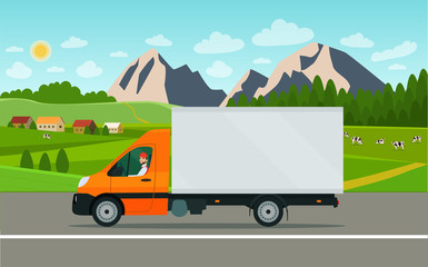 Cargo van with a driver on a landscape background. Vector flat style illustration.