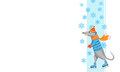 Mouse in jacket, hat and skating and snowflakes