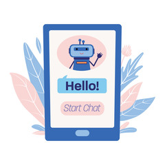 Phone, smartphone screen with cute funny bot, chatbot welcoming to start a chat, artificial intelligence, virtual assistant, customer support concept, flat style vector illustration