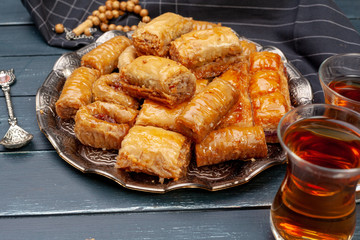 Plate of baklava dessert close up served on table