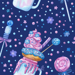 Sweets and yummies hand drawn seamless pattern. Monster Shakes, lollipops and candy canes color drawing. Sweet-stuff, confection texture. Textile, wallpaper, wrapping paper design
