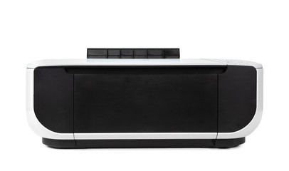 Black multi function printer isolated against a white background