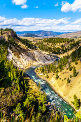 Fototapeta na wymiar View from Calcite Springs Overlook of the Yellowstone River. The overlook is at the downstream end of the Grand Canyon of the Yellowstone in Yellowstone National Park, Wyoming, USA