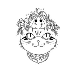 Digital illustration, cat portrait, black and white.