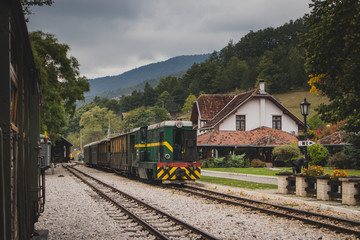 Diesel engine of the famous sargan eight narrow gauge railway in Mokra Gora, Serbia, standing in...