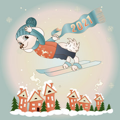 Naklejka premium dog skier dressed in an orange sweater with deers and a blue hat flies over houses and Christmas trees on a background of a winter landscape