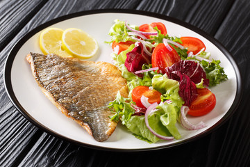 Main dish fried dorada fillet with vegetable salad close-up on a plate. horizontal