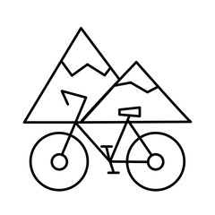 Mountain bike on a background of snowy hills. Sport bycicle. Editable outline stroke linear icon. Thin vector black contour