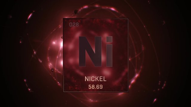 Nickel as Element 28 of the Periodic Table. Seamlessly looping 3D animation on red illuminated atom design background with orbiting electrons. Design shows name, atomic weight and element number