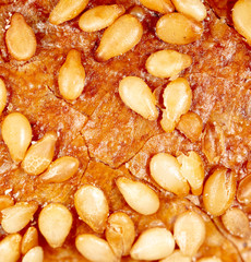 Sesame seeds on a brown crust of bread