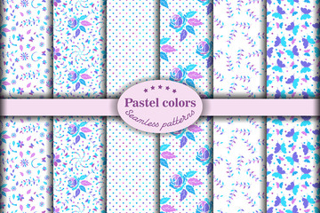 Set of seamless patterns with beautiful flower ornament in purple,  pink and light blue pink tone flower on white backgrounds