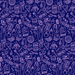 Seamless pattern with everyday objects, blue background