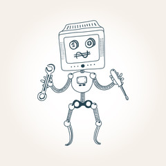 Funny outline robot with tools