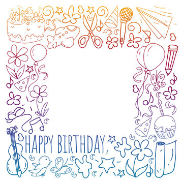 Vector set of cute creative illustration templates with birthday theme design. Hand Drawn for holiday, party invitations. Drawing on notebook in gradient style.