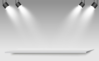 Round podium, pedestal or platform, illuminated by spotlights in the background. Vector illustration. Bright light. Light from above. Advertising place