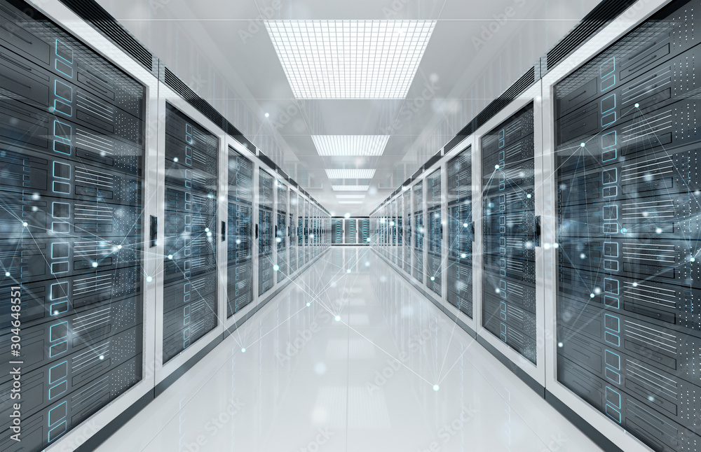 Fototapete Connection network in servers data center room storage systems 3D rendering