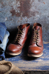 safety shoes on rustic background, Safety shoes in a store