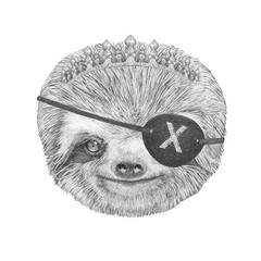 Portrait of Sloth with diadem and eye patch. Hand-drawn illustration. 