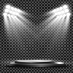 Round podium, pedestal or platform, illuminated by spotlights in the background. Vector illustration. Bright light. Light from above. Advertising place