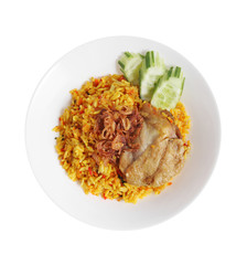 muslim rice with chicken from herb isolated on white background, Muslim food in ceramic dish