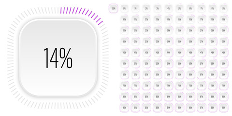 Set of rectangle percentage diagrams meters from 0 to 100 ready-to-use for web design, user interface UI or infographic with 3D concept - indicator with purple