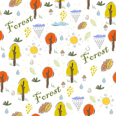 Seamless Hand Drawn Design with Trees. Bright Scandinavian Style.