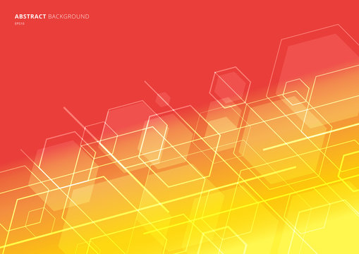 Abstract technology concept geometric hexagon with lines diagonal on red and yellow background.