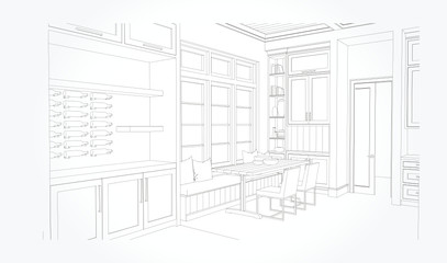 Linear sketch of an interior. Living room plan. Sketch Line sofa set. Vector illustration.outline sketch drawing perspective of a interior space.