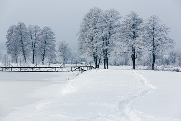 winter landscape with trees and snow, hoarfrost on trees, bridge over the river, path in the snow