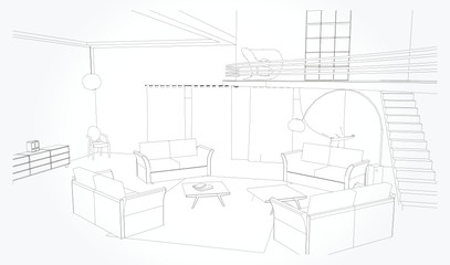 Fototapeta premium Linear sketch of an interior. Living room plan. Sketch Line sofa set. Vector illustration.outline sketch drawing perspective of a interior space.