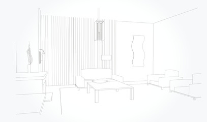 Linear sketch of an interior. Living room plan. Sketch Line sofa set. Vector illustration.outline sketch drawing perspective of a interior space.