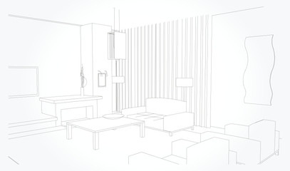 Linear sketch of an interior. Living room plan. Sketch Line sofa set. Vector illustration.outline sketch drawing perspective of a interior space.