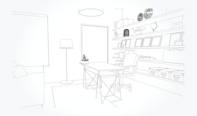 Linear sketch of an interior. Living room plan. Sketch Line sofa set. Vector illustration.outline sketch drawing perspective of a interior space.