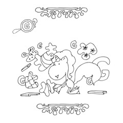 Find Letter G. Funny cartoon unicorn. Animals alphabet a Coloring page. Printable worksheet. Unicorns playing and assembling a puzzle.