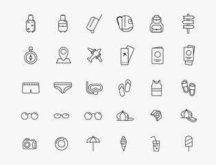 Design of vector set of icons on the theme of travel, vacation, weekend and summer.