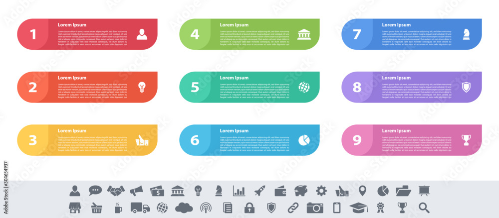 Wall mural infographic design business concept vector illustration with 9 steps or options or processes represe
