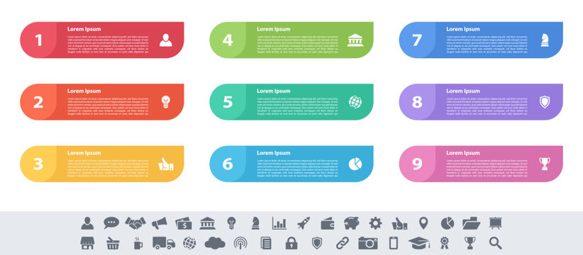 Infographic design business concept vector illustration with 9 steps or options or processes represent work flow or diagram or web button banner
