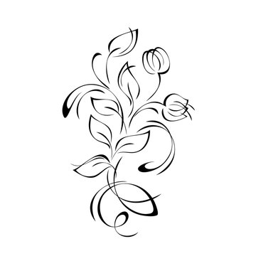 ornament 957. decorative element with stylized flowers, leaves and curls in black lines on a white background