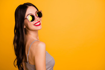 Photo of white cute pretty turned girlfriend looking at you smiling toothily with lips pomaded near empty space isolated vivid color background