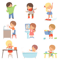 Little Kids Doing Things on Their Own Vector Illustrations Set