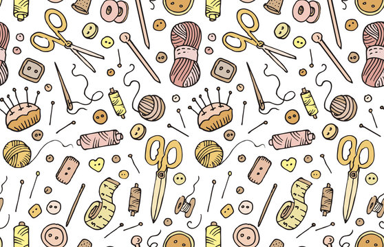 Sewing, Clothing, Tailoring, Knitting Seamless Pattern. Doodle Sew Equipment