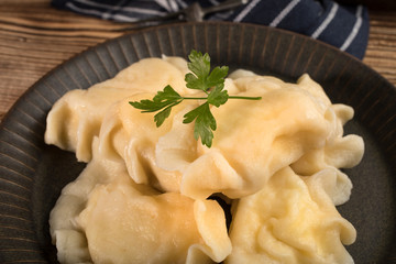 Appetizing traditional East Europe dumplings (pierogi) with cheese.